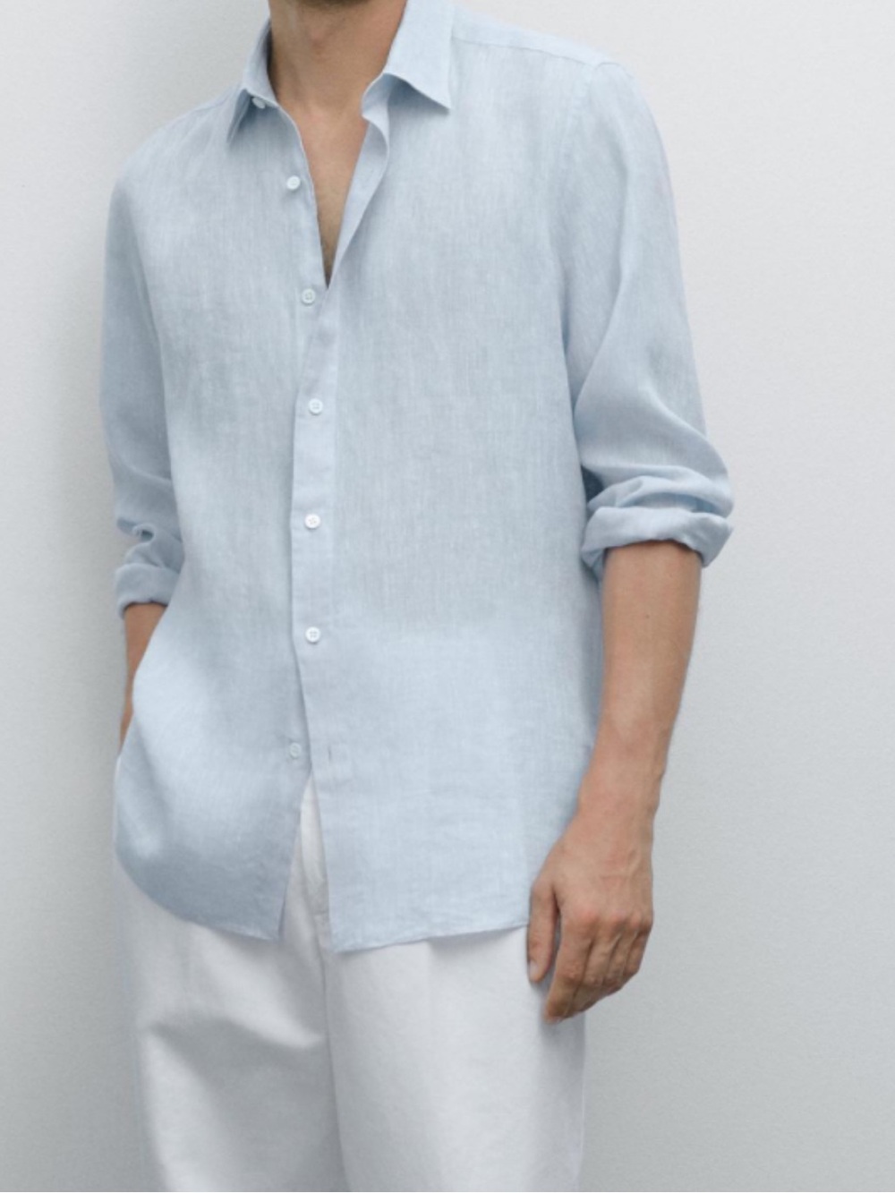 Massimo Dutti Light Blue Linen Button-Down Shirt